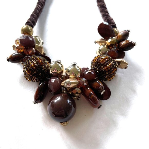 Chunky Statement 20" Necklace With Brown Beads & Gold Accents - Picture 2 of 3